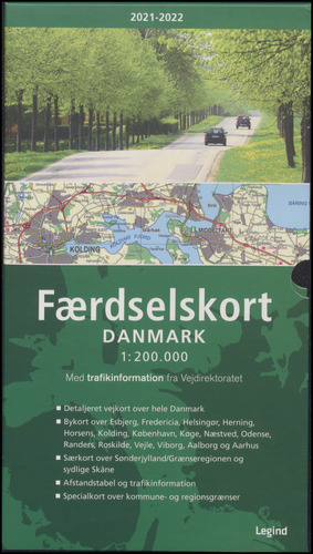Færdselskort, Danmark 1:200 000 : med trafikinformation fra Vejdirektoratet. 2021/2022 (32. udgave)