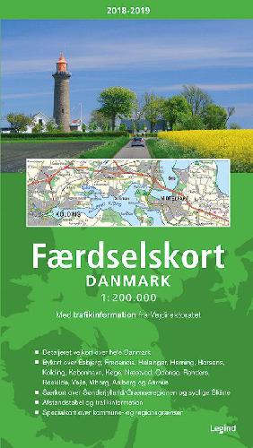 Færdselskort, Danmark 1:200 000 : med trafikinformation fra Vejdirektoratet. 2018/2019 (29. udgave)